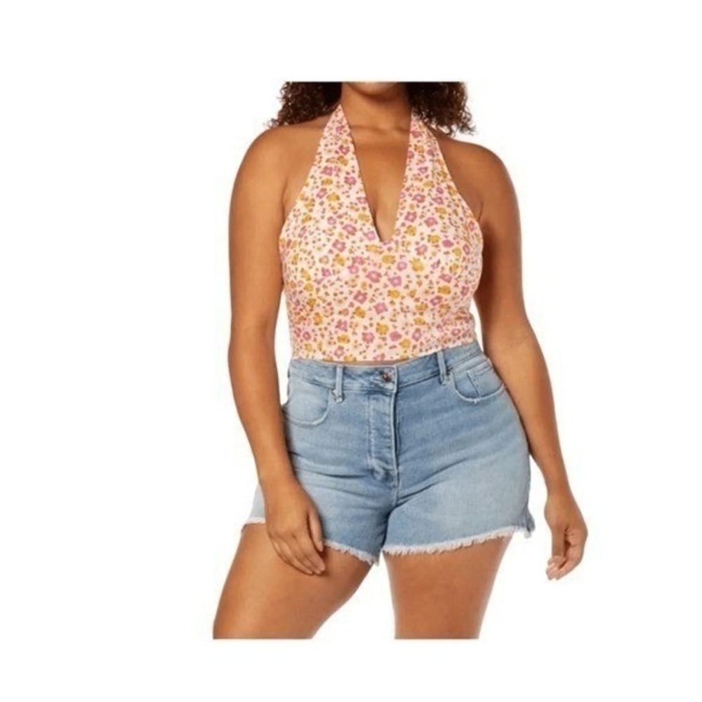 BP‎ Sally Retro Floral Halter Top White Orange Pink V-Neck Smock Back 3X